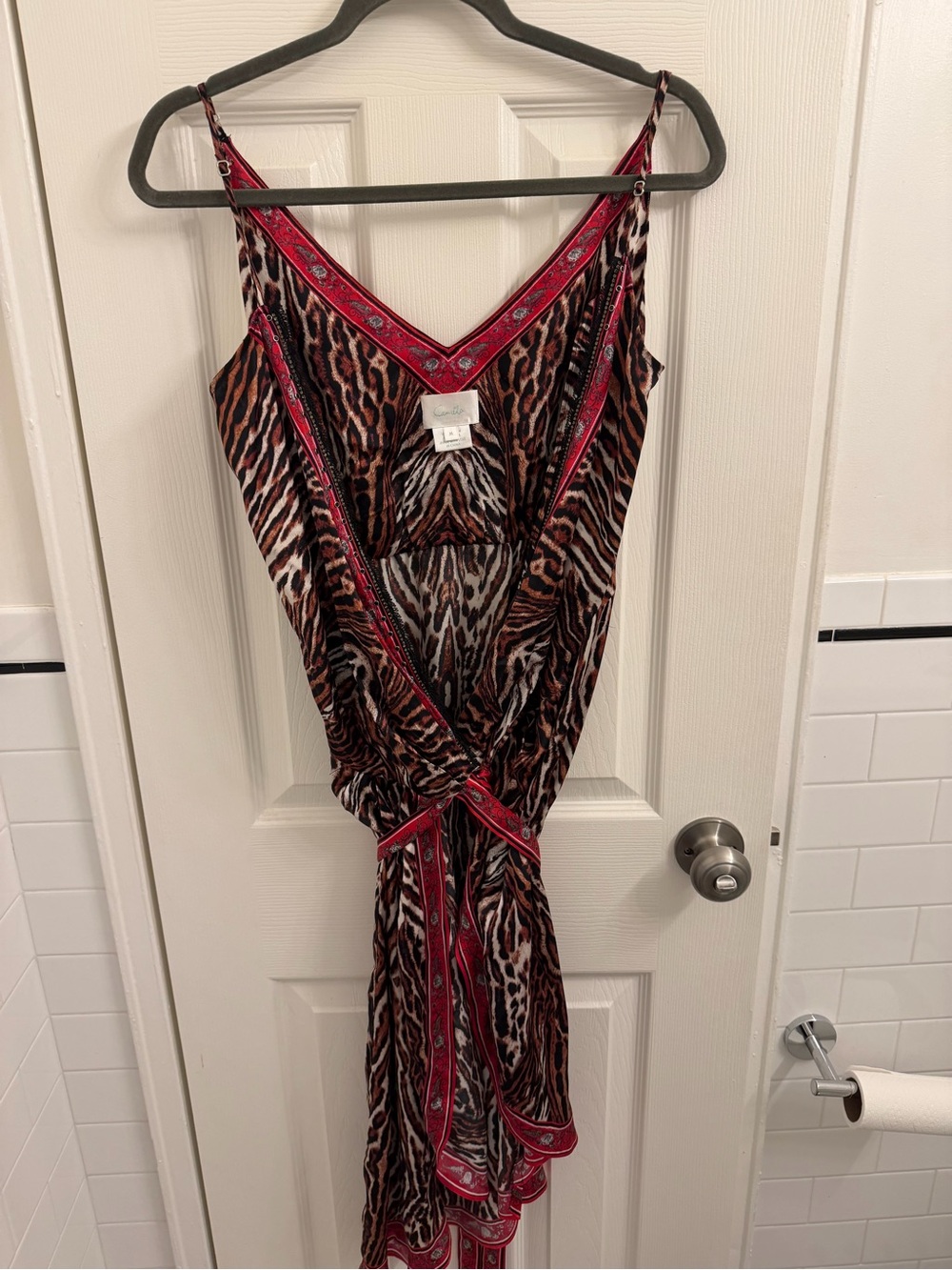Camilla Leopard & Tiger Print Maxi Dress with Red Scarf Trim